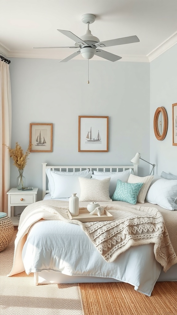 A coastal-themed bedroom with soft pastel accents, featuring light blue walls, cozy bedding, and nautical decor.