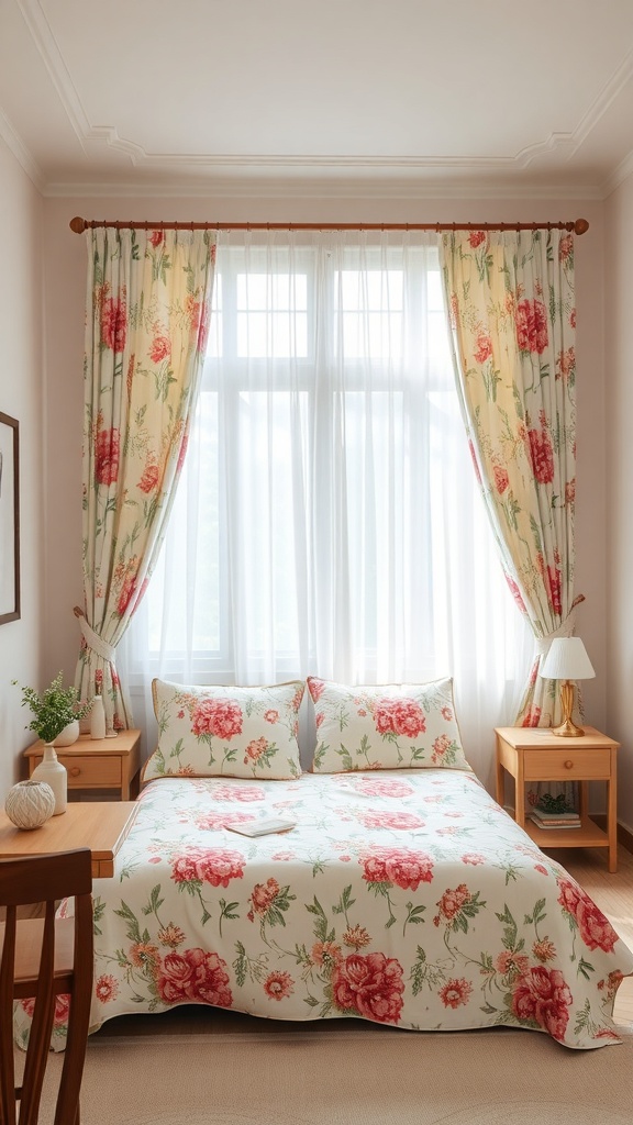 A cozy bedroom with floral patterned bedspread and curtains in soft pastel colors.