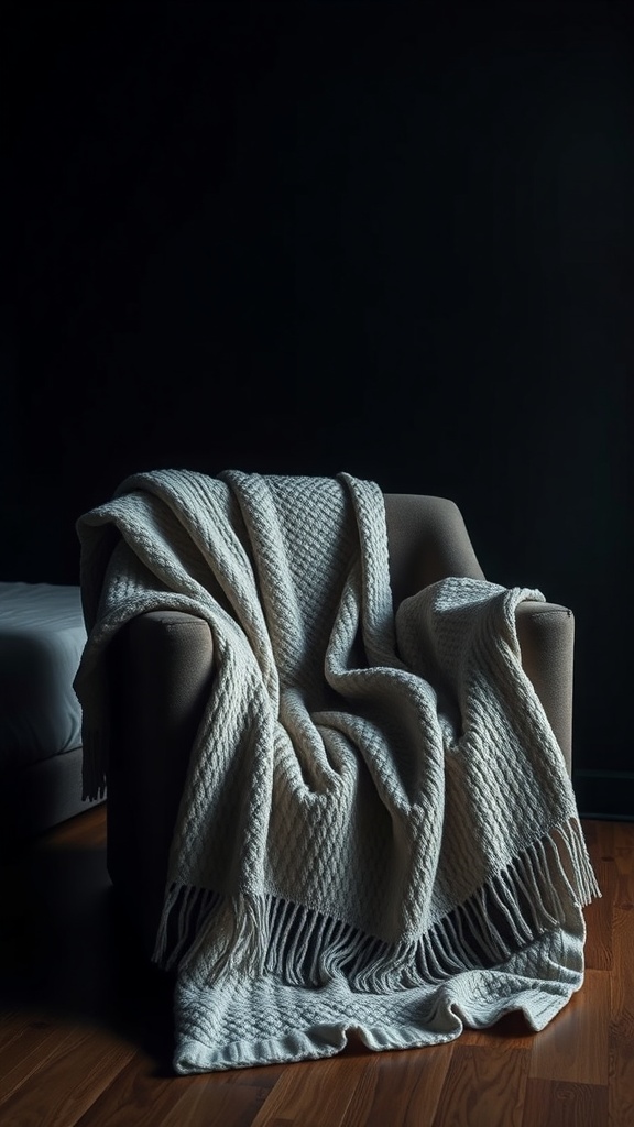A soft, textured throw draped over a chair in a dark-themed bedroom.
