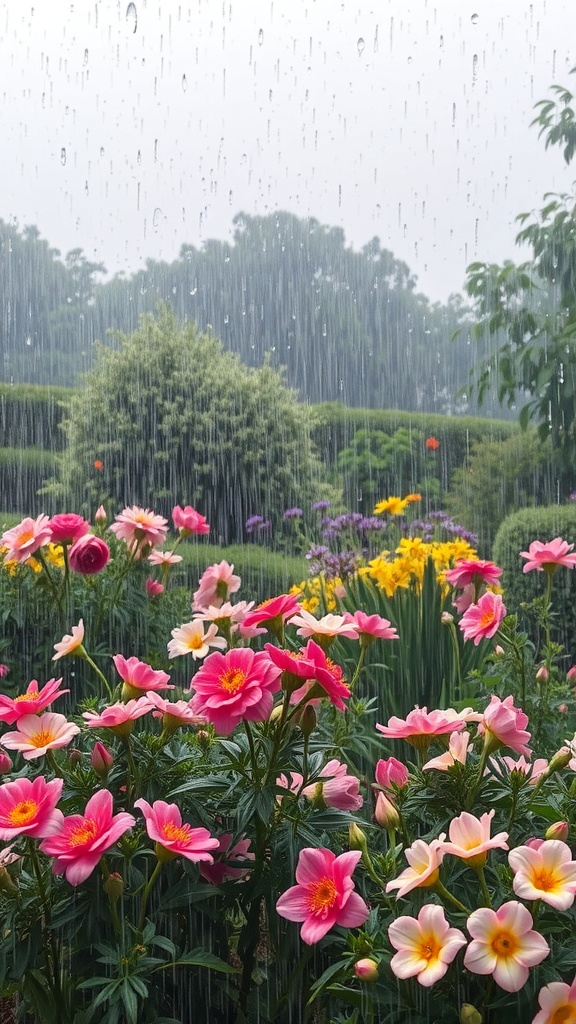 Colorful flowers in a garden with rain falling, showcasing the beauty of spring.