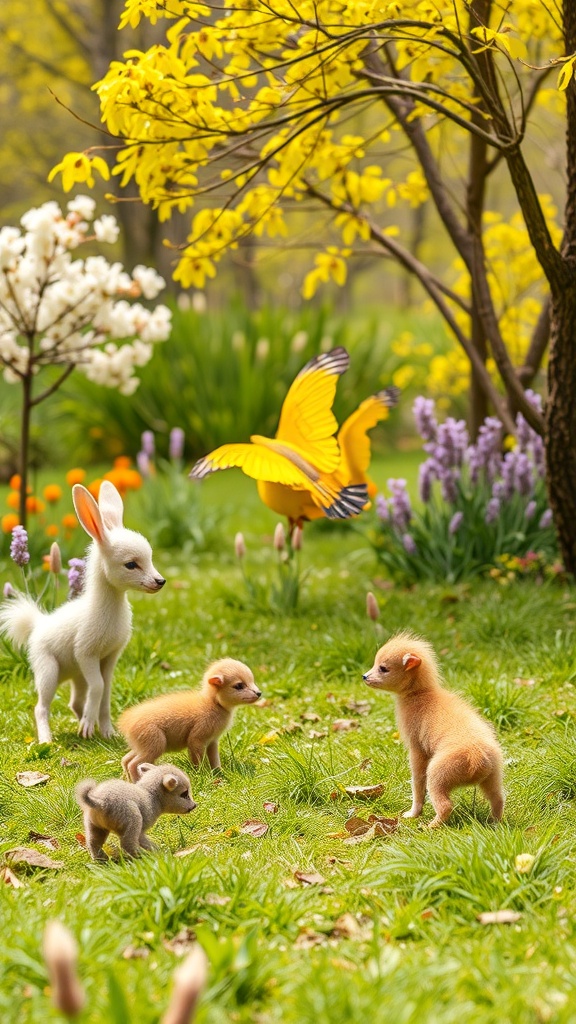 A playful scene of baby foxes and a deer in a vibrant spring garden with flowers and a butterfly.