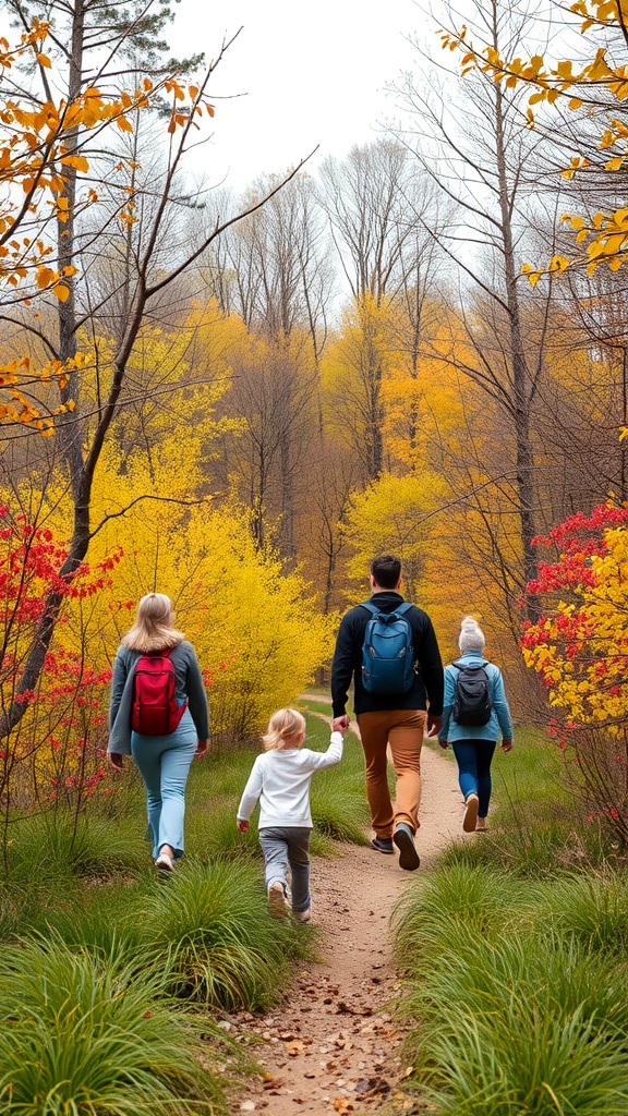 A family walking on a trail surrounded by colorful spring trees.