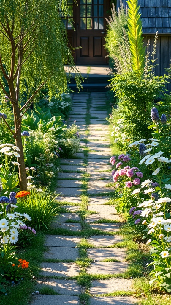 A picturesque garden path lined with flowers and greenery, leading to a cozy entrance.