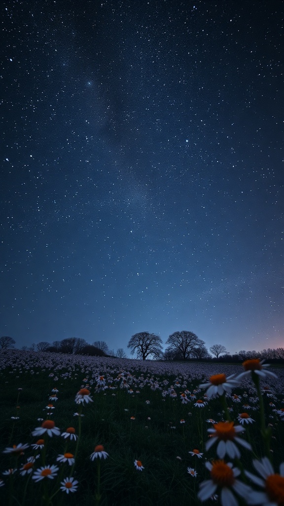 A field of daisies under a starry night sky