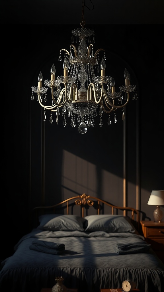 A beautiful chandelier hanging above a bed in a dark-themed bedroom.
