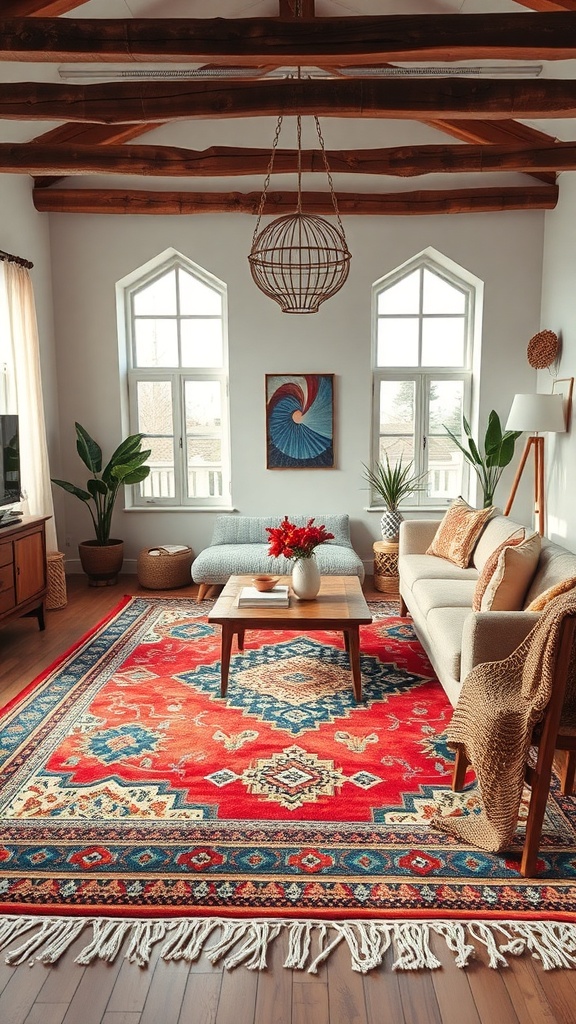 A bohemian living room featuring a vibrant red and blue statement rug, neutral furniture, and large windows.