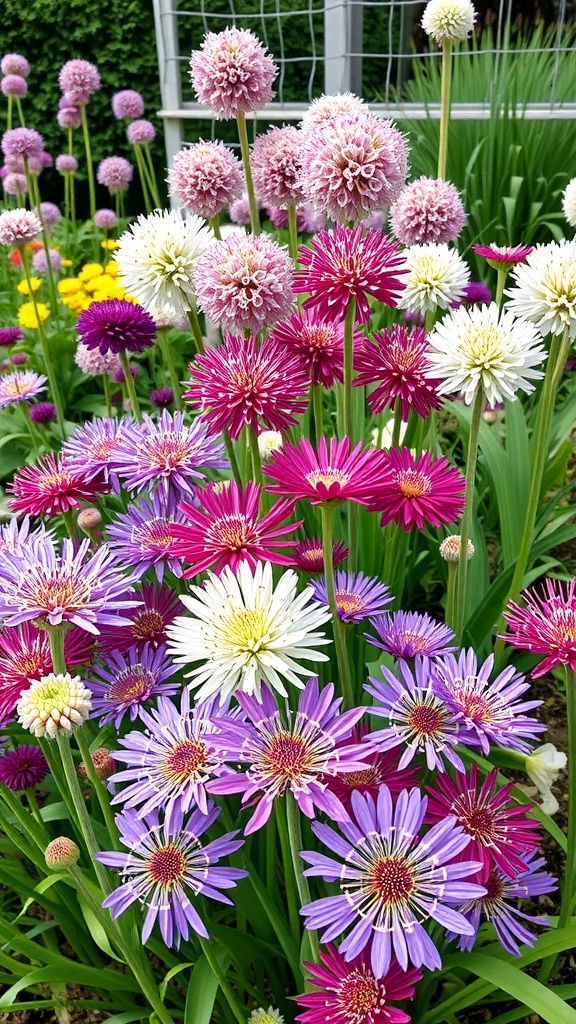 A vibrant garden filled with various allium flowers in shades of purple, pink, and white.