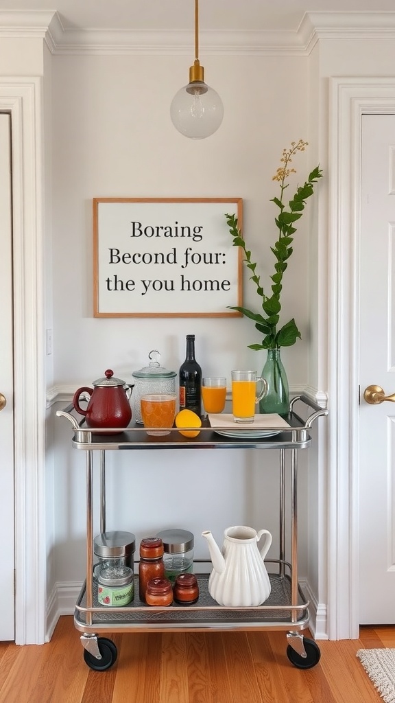 Stylish bar cart with beverages and a plant in a breakfast nook