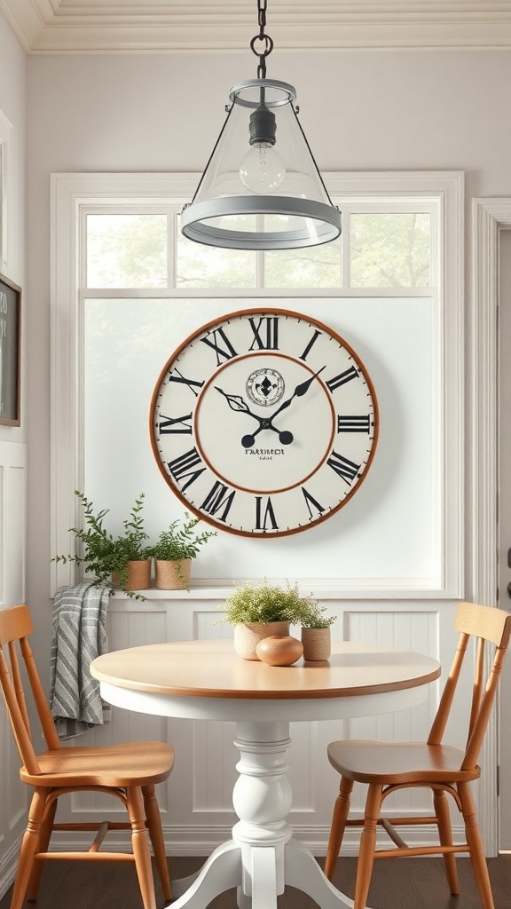 A stylish farmhouse clock hangs on the wall above a round table with wooden chairs and small potted plants.