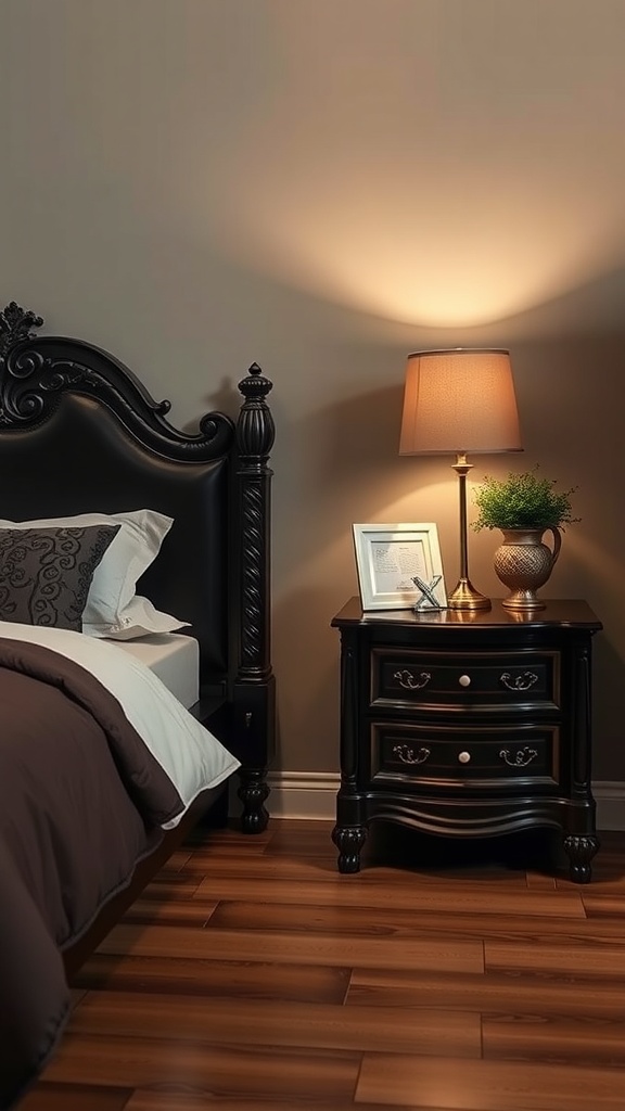 A stylish black nightstand with two drawers, a lamp, and decorative items in a dark feminine bedroom.