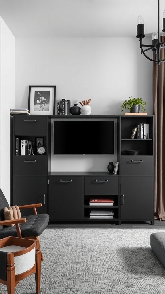 A stylish black storage unit in a dark feminine bedroom, featuring books, a TV, and decorative items.