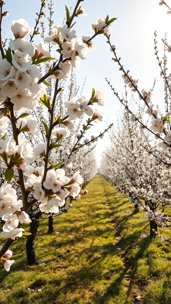 A sunlit orchard with blossoming trees and green grass.