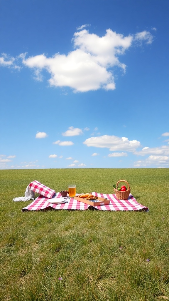 A sunny picnic scene with a checkered blanket, fruits, pastries, and a drink on a grassy field under a blue sky.