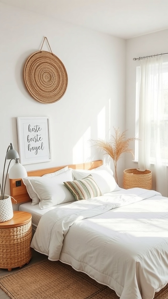 A bright coastal bedroom featuring natural materials like woven baskets and light wood furniture.