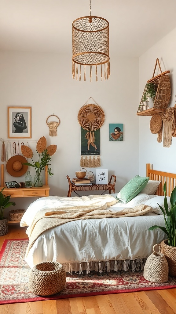 A boho bedroom featuring natural decor elements like woven baskets, plants, and rattan furniture.