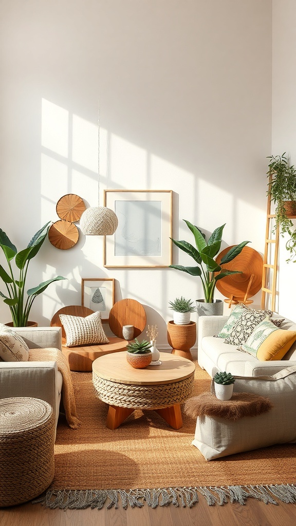 A cozy boho living room featuring natural materials, plants, and warm colors.
