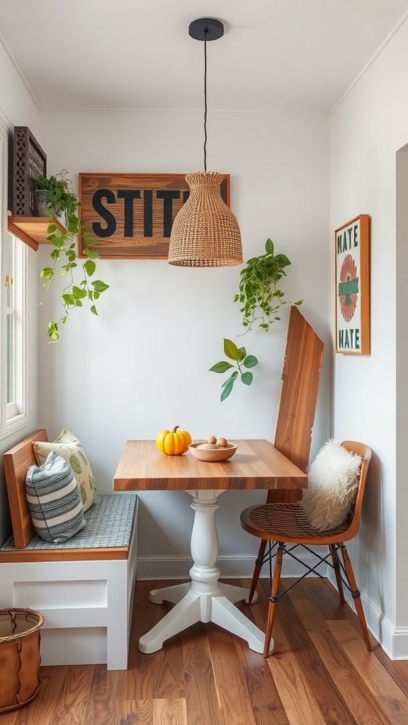 A cozy breakfast nook featuring reclaimed wood furniture, plants, and a woven light fixture.