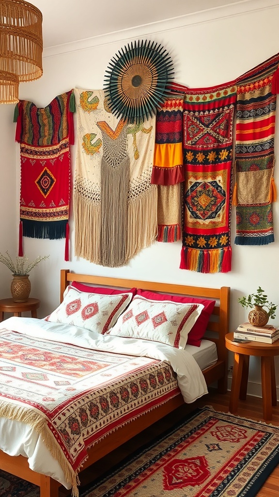 A boho bedroom featuring colorful textile wall art displays, a wooden bed with patterned bedding, and decorative pillows.
