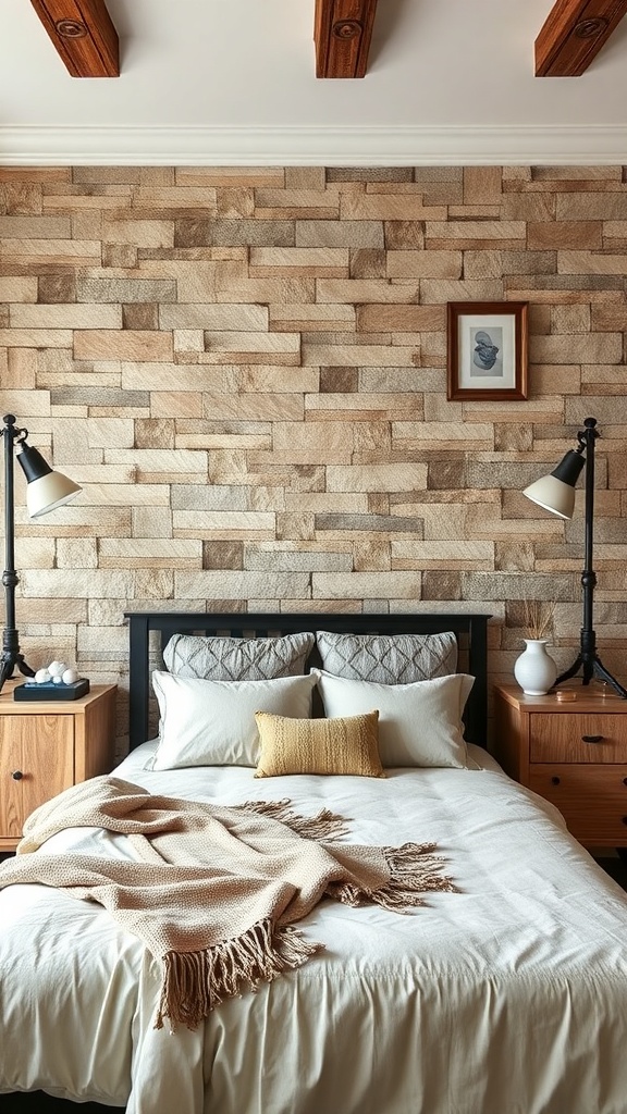 A cozy boho bedroom featuring a textured stone accent wall, a bed with soft bedding, and wooden furniture.