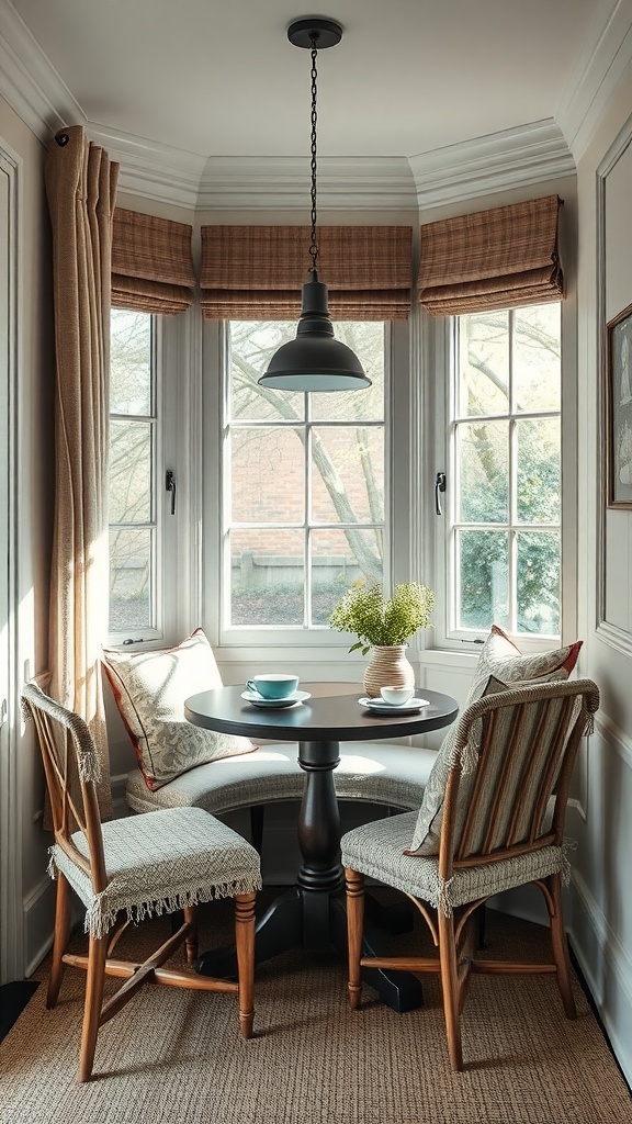Cozy farmhouse breakfast nook with textured fabrics and soft pillows