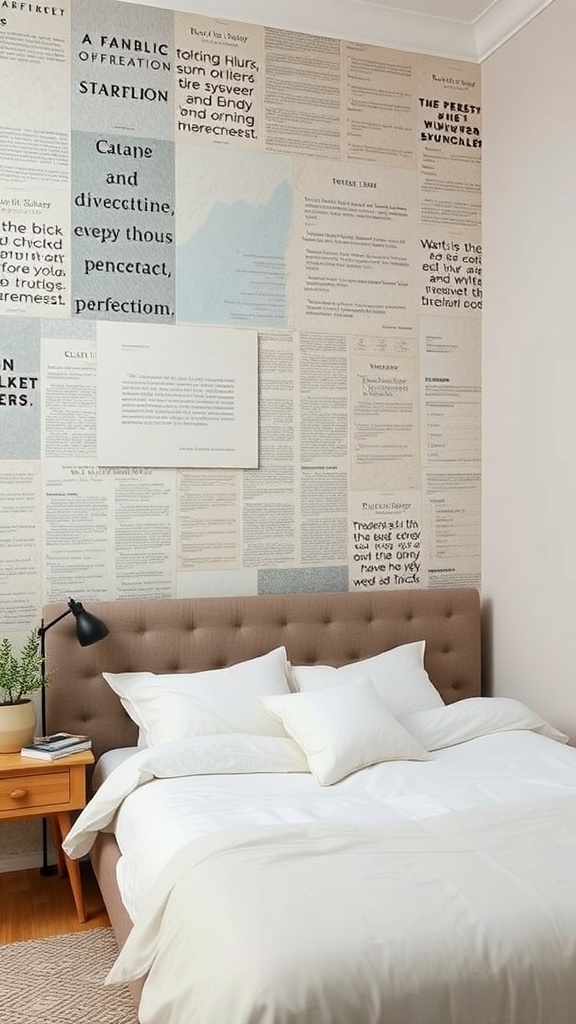 A cozy bedroom featuring a textured wall treatment with various printed materials, a tufted bed, and soft bedding.