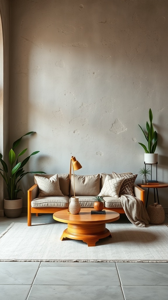 A boho living room featuring a textured wall, wooden furniture, and plants.