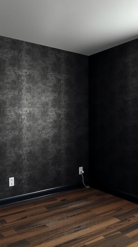Textured black wall in a bedroom with wooden flooring