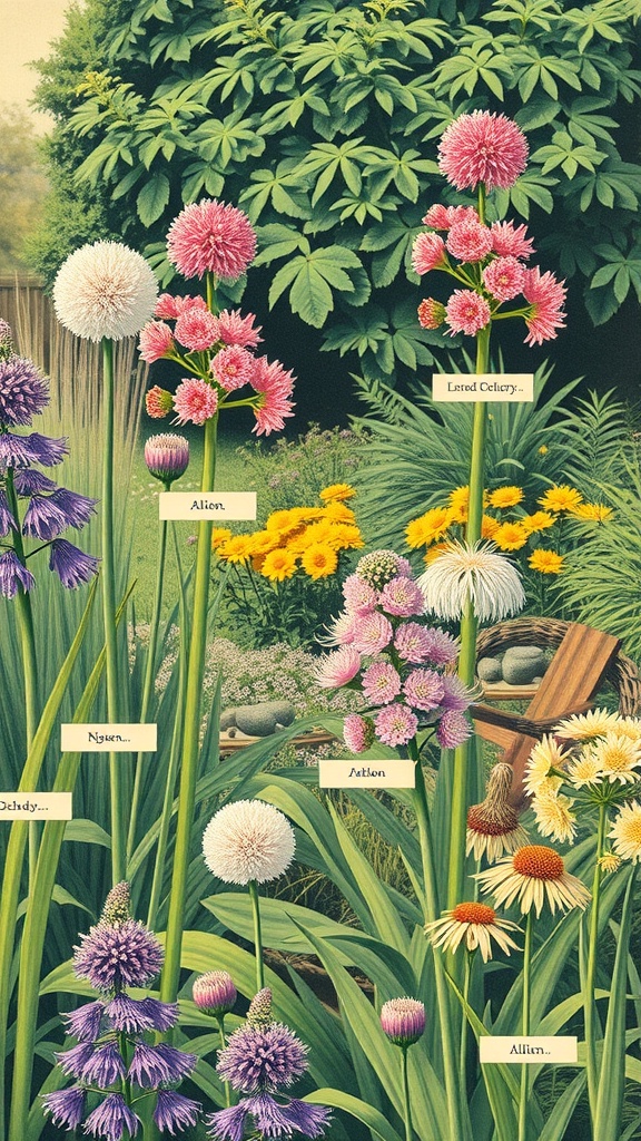A colorful garden featuring various types of alliums with labels, showcasing their unique shapes and vibrant colors.