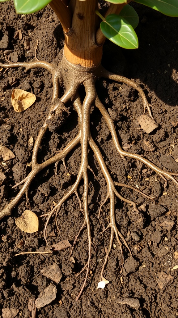 Close-up of a plant's roots in dark soil, illustrating the importance of soil for plant health.