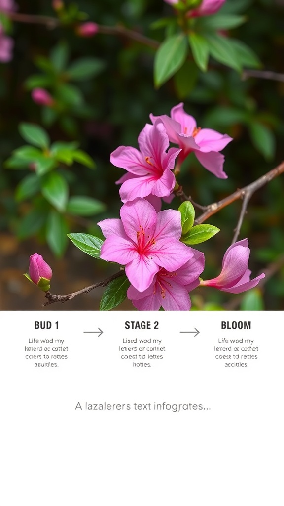 Lifecycle stages of azaleas: Bud, Stage 2, and Bloom
