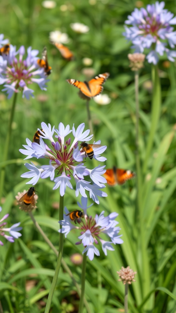 Agapanthus flowers with bees and butterflies in a garden