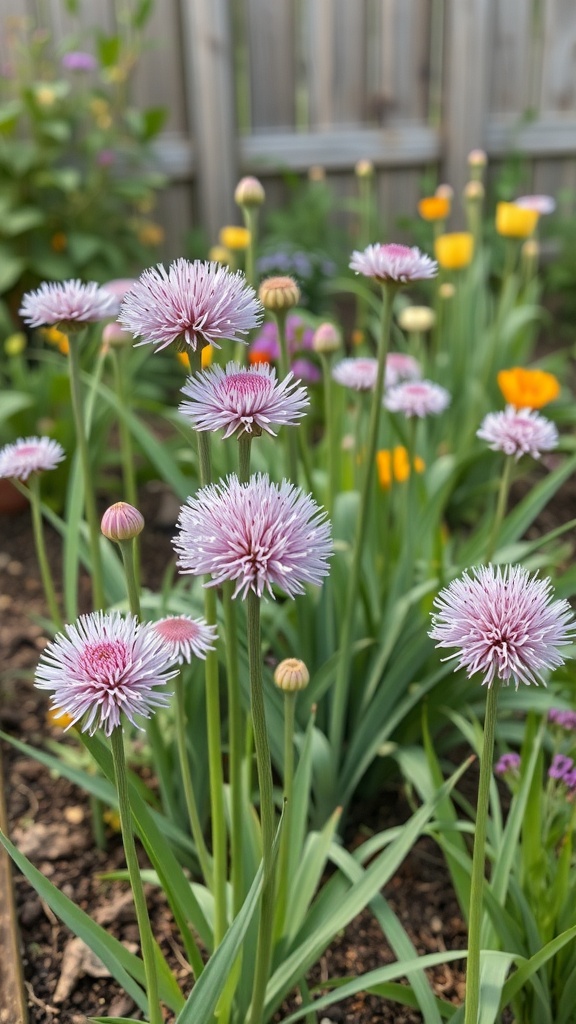 A garden featuring vibrant alliums with purple and yellow flowers, showcasing a colorful and healthy garden environment.