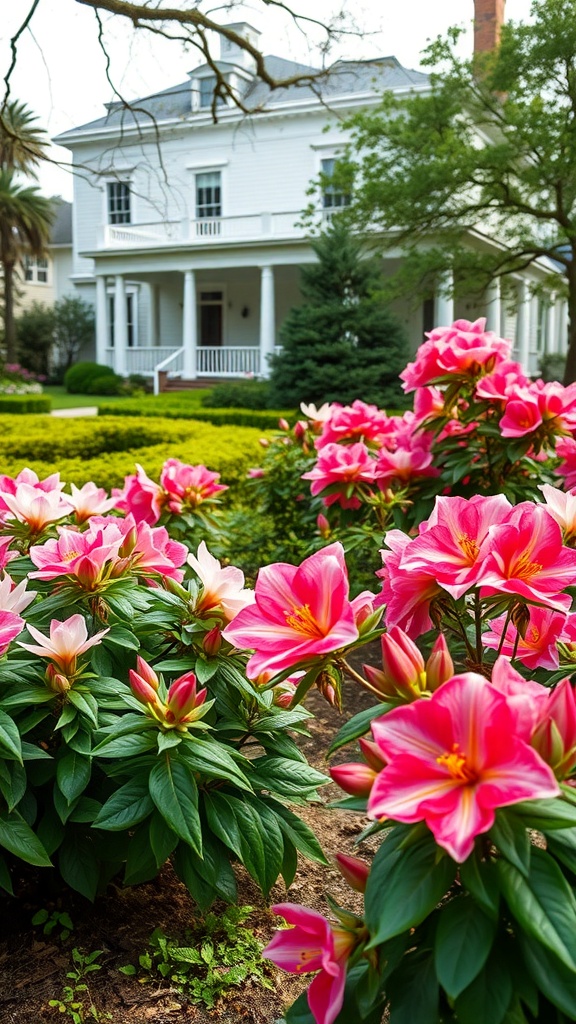 A garden featuring vibrant pink azaleas in front of a Southern-style home.