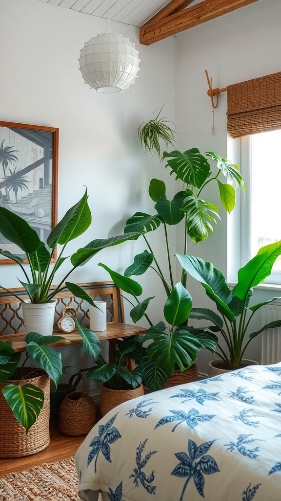 A cozy bedroom with tropical plants, wooden furniture, and soft bedding.