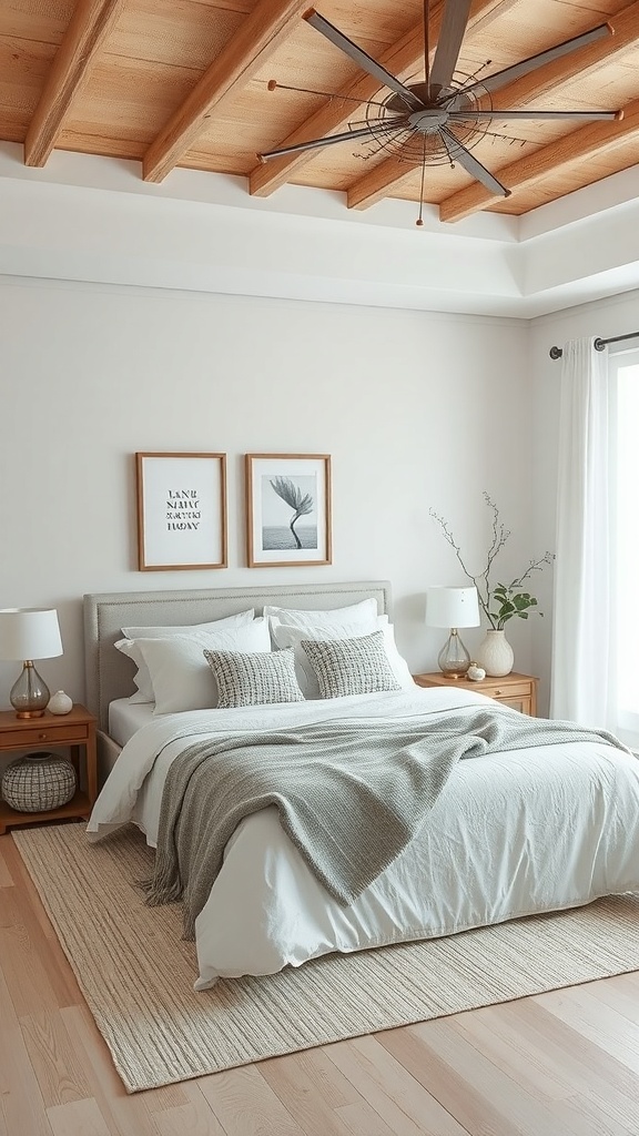 Coastal bedroom with natural wood ceiling, soft bedding, and simple decor