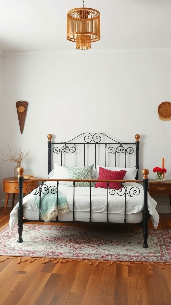 A boho style bedroom featuring a unique black metal bed frame with wooden accents, colorful pillows, and a woven light fixture.