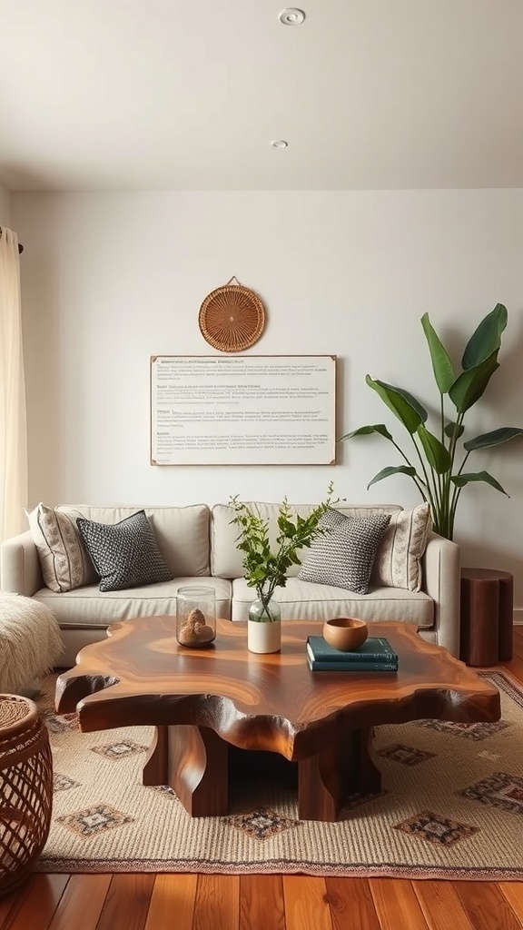 A boho living room featuring a unique wooden coffee table, light-colored sofa, and decorative pillows.