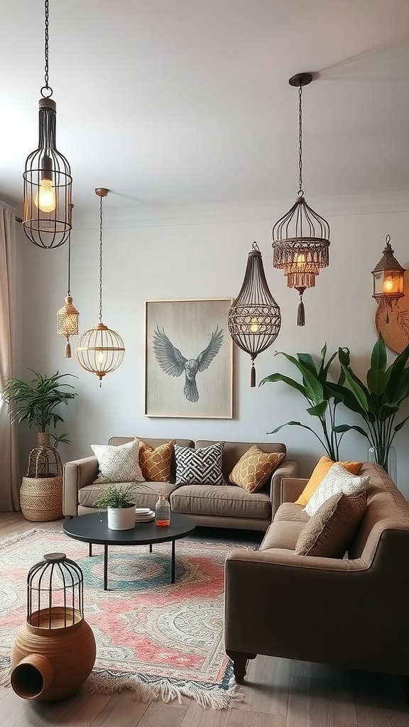 A boho living room featuring unique hanging lighting fixtures in various styles.