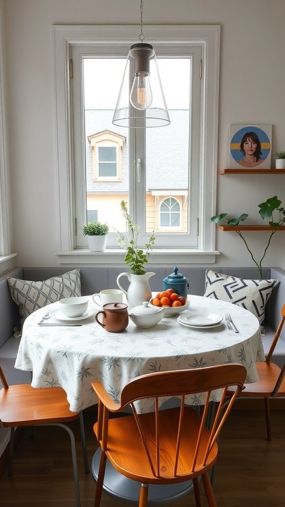 A cozy breakfast nook featuring a round table with a patterned tablecloth, rustic tableware, and fresh fruits.