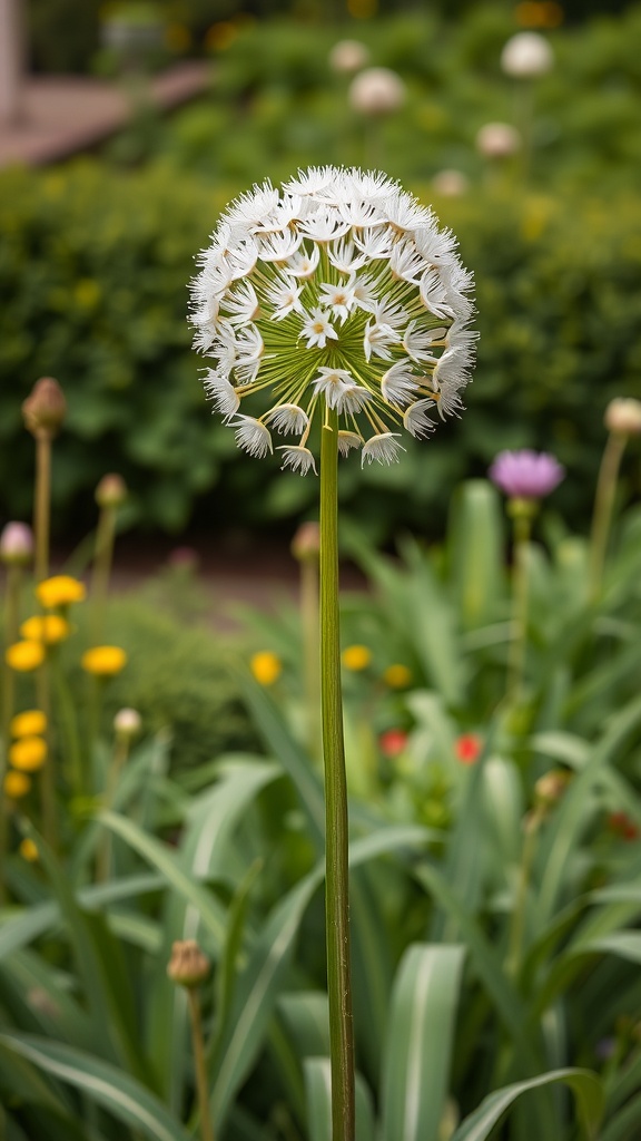 A tall white allium flower in a garden, surrounded by green foliage and other colorful flowers.