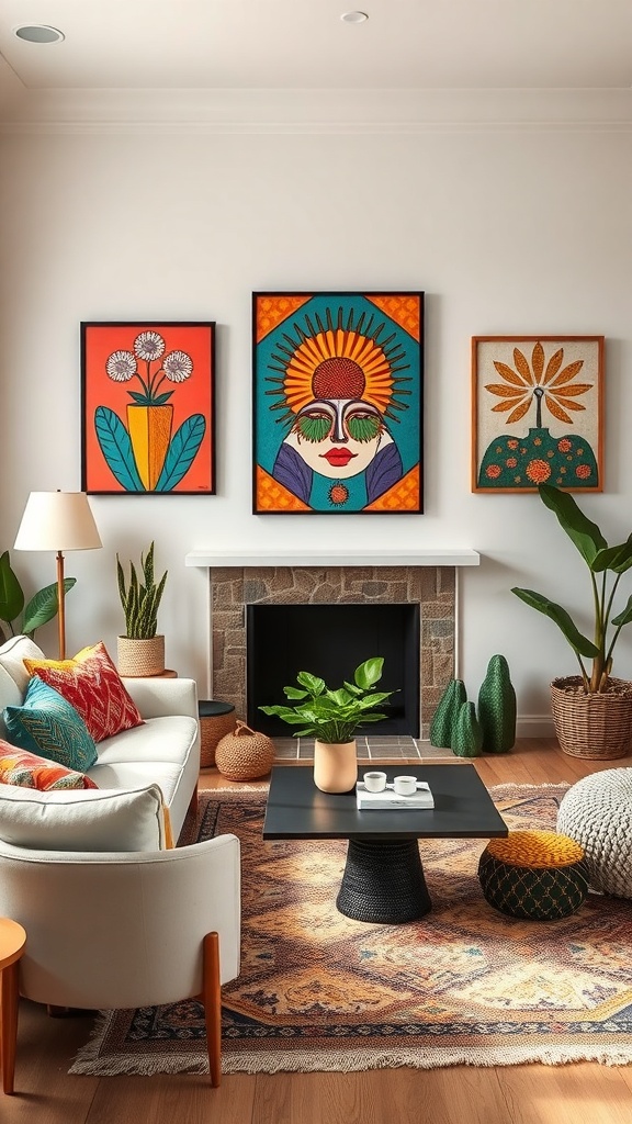 A boho living room featuring colorful artwork on the walls, cozy furniture, and plants.