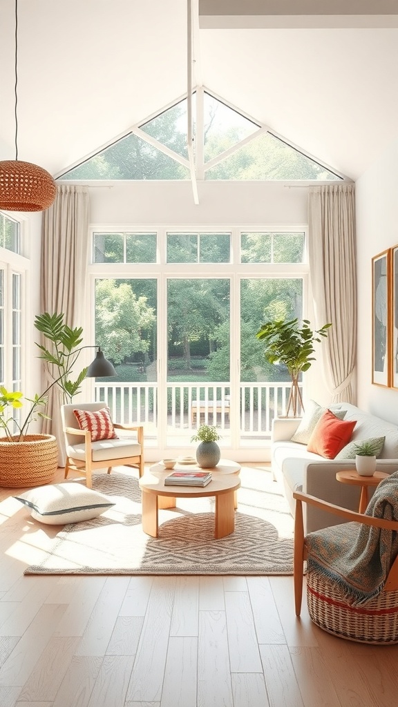 Bright boho living room with large windows and natural light