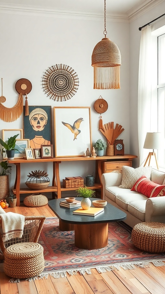 A cozy boho living room featuring woven accessories, vibrant artwork, and a mix of textures.