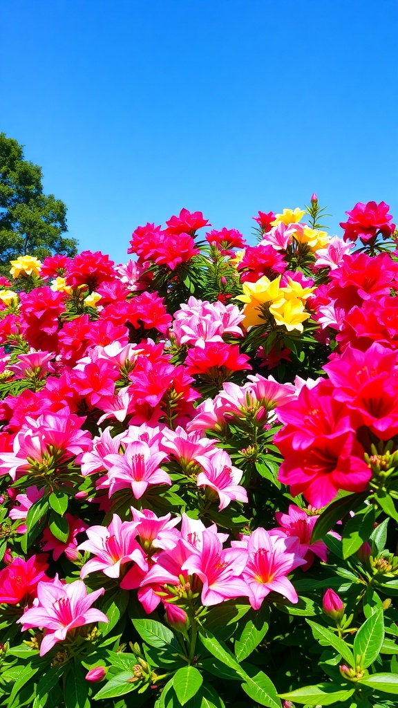 Colorful azaleas blooming against a blue sky
