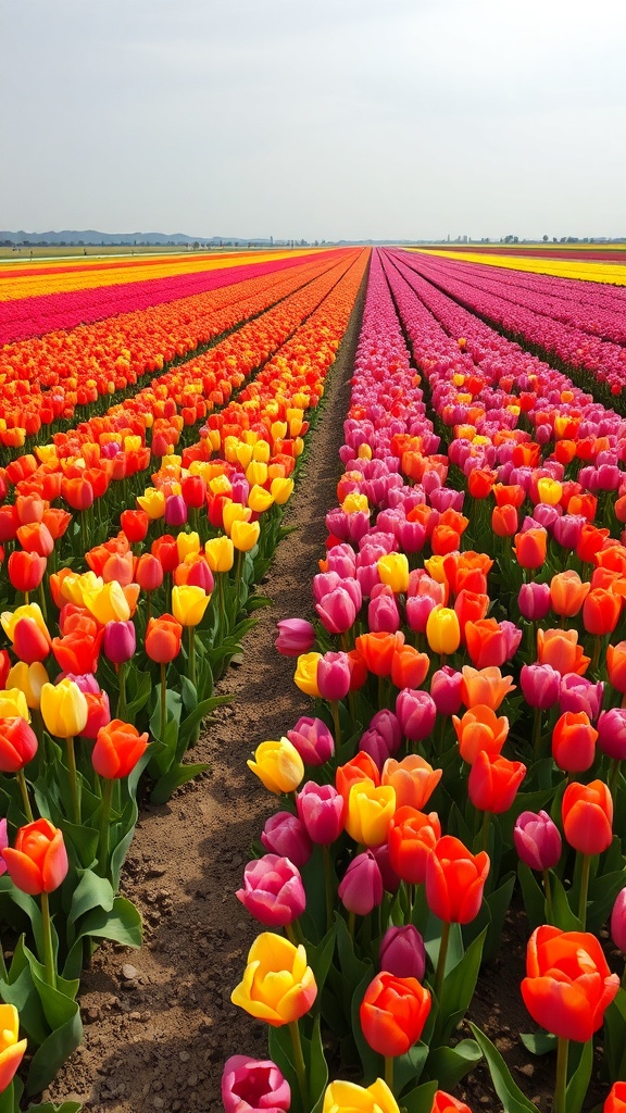 A vibrant field of tulips in various colors, showcasing rows of flowers under a cloudy sky.