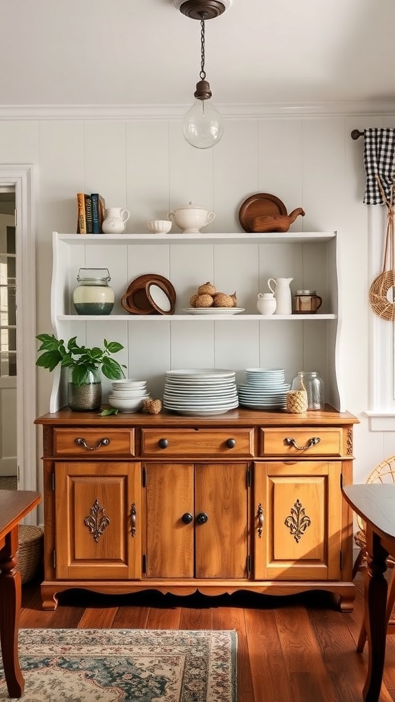 A vintage farmhouse sideboard with open shelves displaying dishes and decorative items.