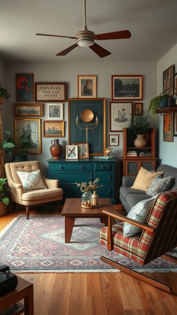 A cozy boho living room featuring vintage furniture and decor, with framed art on the walls and a teal dresser.