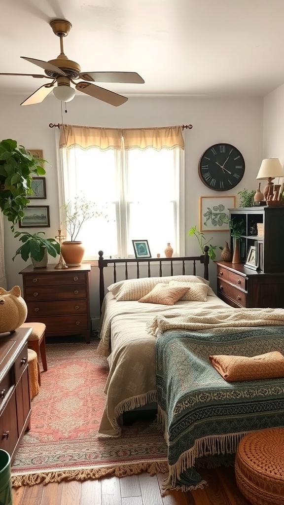 A cozy boho bedroom featuring vintage wooden furniture, layered textiles, and plants.