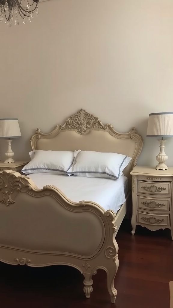 A vintage French bedroom featuring an ornate bed, matching nightstands, and a chandelier.