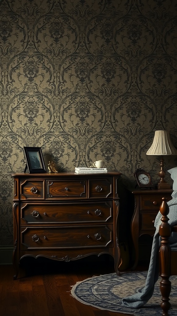 A vintage wooden dresser in a dark feminine bedroom with patterned wallpaper and soft lighting.